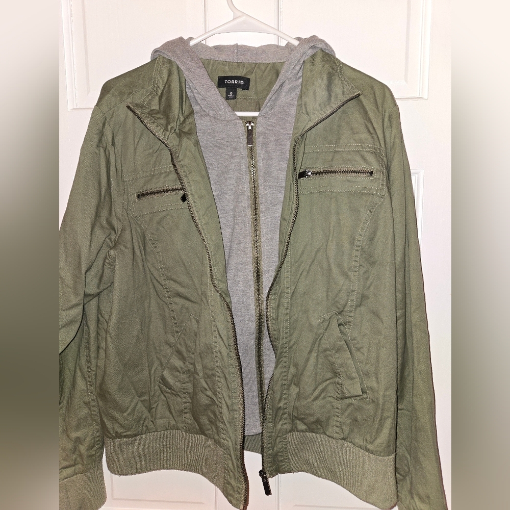 Torrid Olive Green Military Jacket with Gray Hoodie